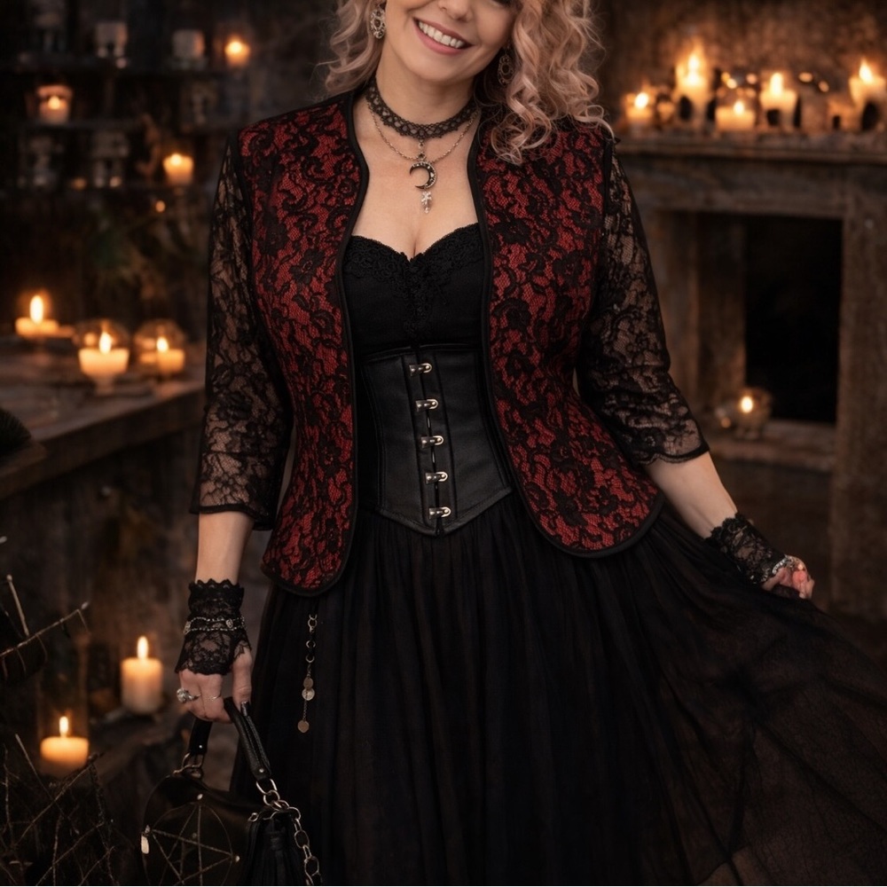 Red Black Lace Bolero Jacket Gothic Victorian Witchy Steampunk Size 10